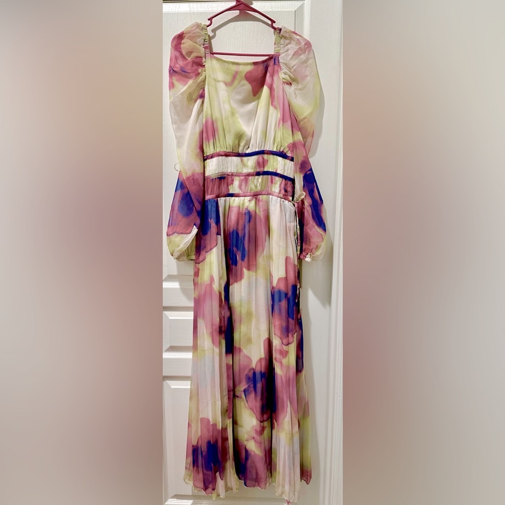 ASOS DESIGN Long Sleeve Pleated Drawstring Bodice Maxi Dress Watercolor Chiffon - Picture 6 of 10